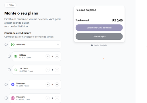 Tela "Monte o seu plano" do dChat, com a escolha de canais de atendimento