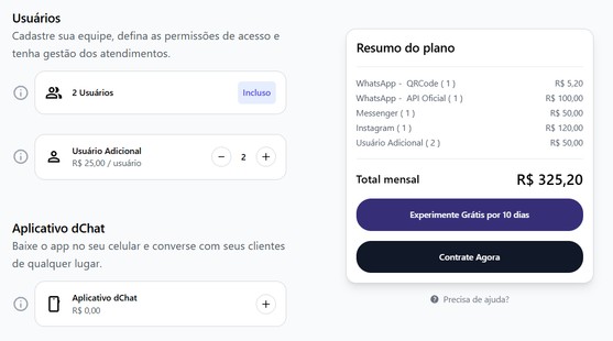 Resumo do plano com usuários adicionais e total mensal